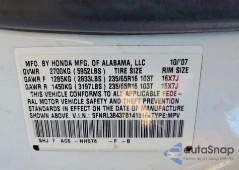 2007 Honda Odyssey Ex z USA, uszkodzony, nr VIN 5FNRL38437B141518